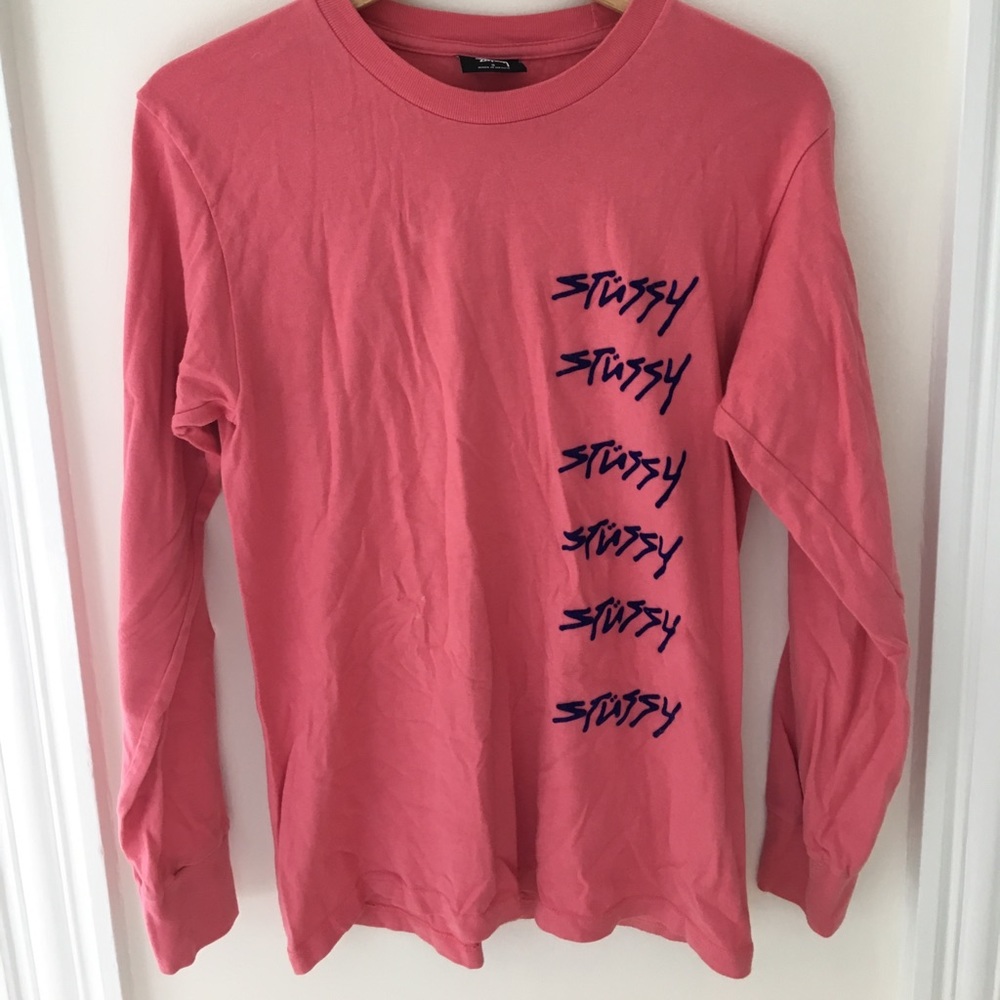 Stüssy long-sleeve pink/salmon logo t-shirt